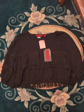 Black Fringed Open Cropped Jacket Hook Eye Closure